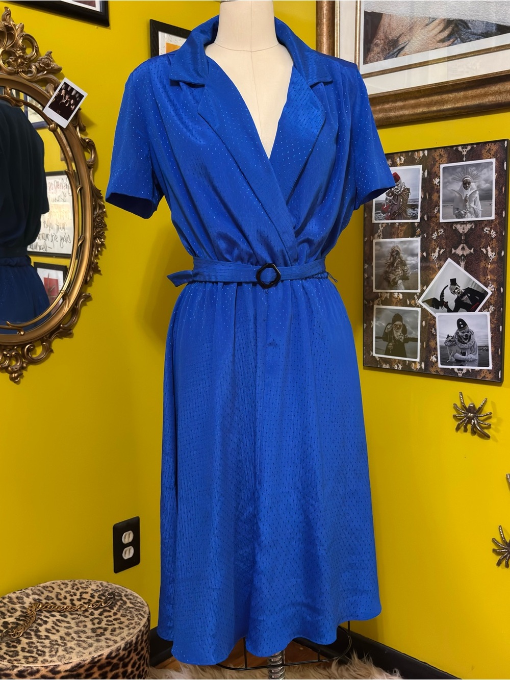 Vintage Electric Blue Short-Sleeve Belted Midi Dress